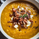 Loaded Baked Sweet Potato Soup in a bowl with toppings