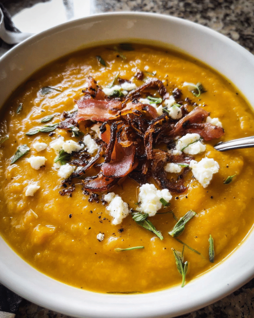 Loaded Baked Sweet Potato Soup in a bowl with toppings