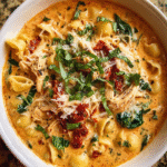 Marry Me Chicken Soup in a bowl with pasta and spinach