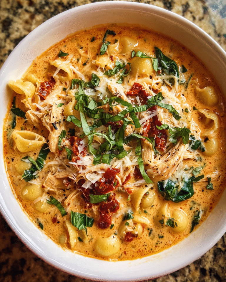 Marry Me Chicken Soup in a bowl with pasta and spinach
