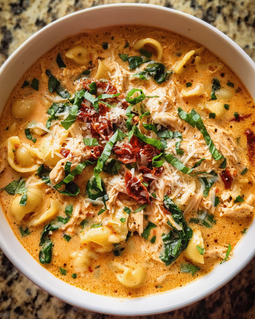 Marry Me Chicken Soup in a bowl with pasta and spinach