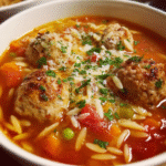 bowl of meatball soup with orzo and Parmesan