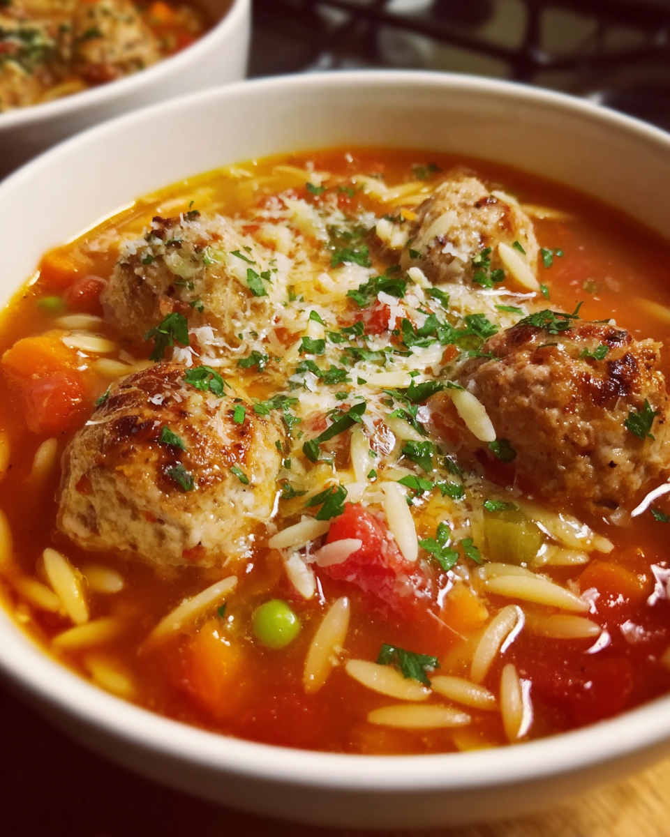 bowl of meatball soup with orzo and Parmesan