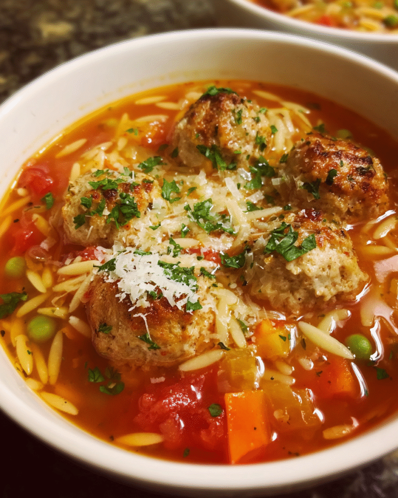 bowl of meatball soup with orzo and Parmesan