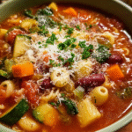 Hearty bowl of minestrone soup with vegetables and bread