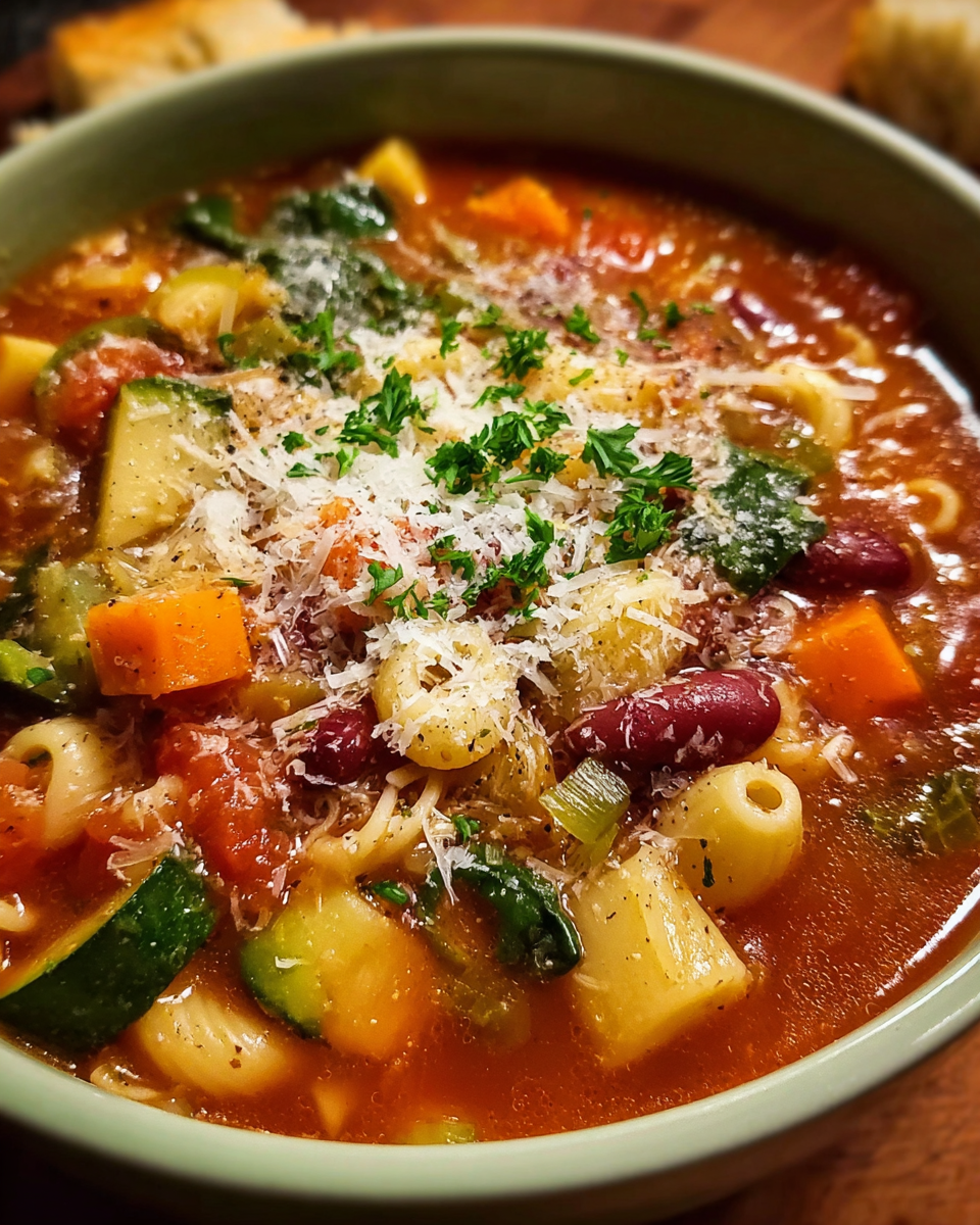 Hearty bowl of minestrone soup with vegetables and bread