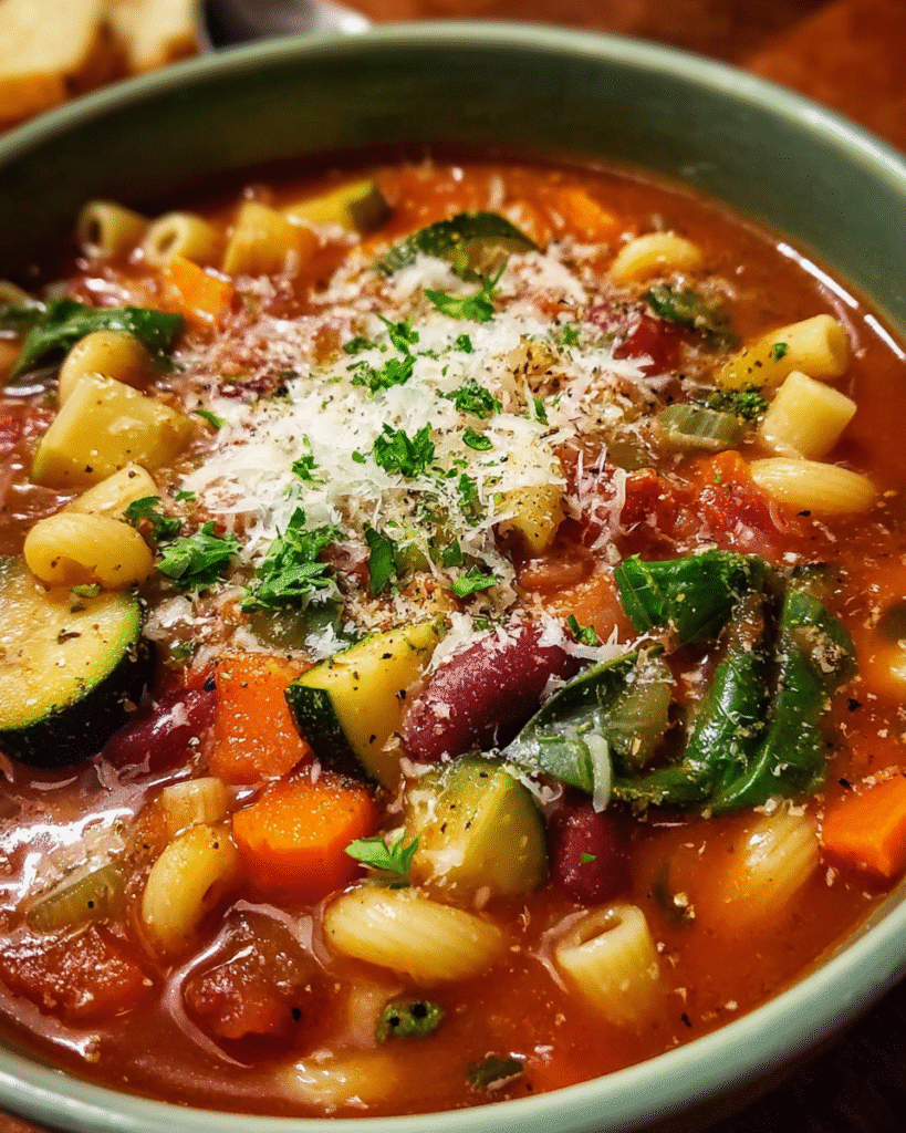 Hearty bowl of minestrone soup with vegetables and bread