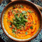 Moroccan Carrot and Lentil Soup in a bowl with herbs and harissa
