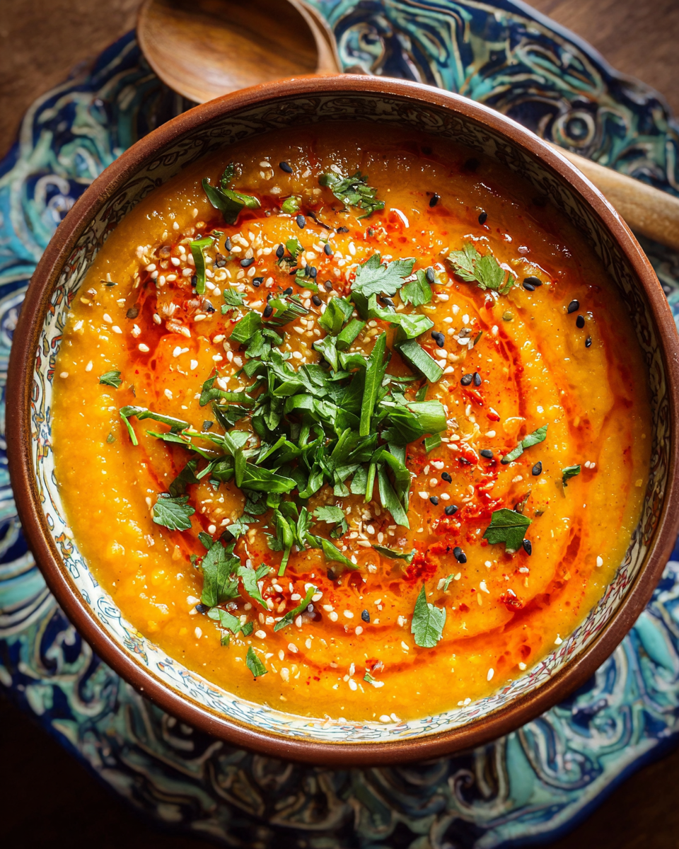 Moroccan Carrot and Lentil Soup in a bowl with herbs and harissa
