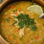 Bowl of creamy Mulligatawny Soup with chicken, lentils, and cilantro