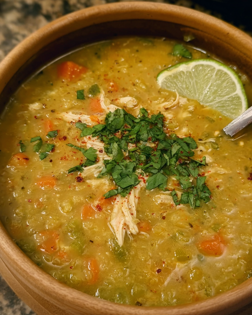 Bowl of creamy Mulligatawny Soup with chicken, lentils, and cilantro