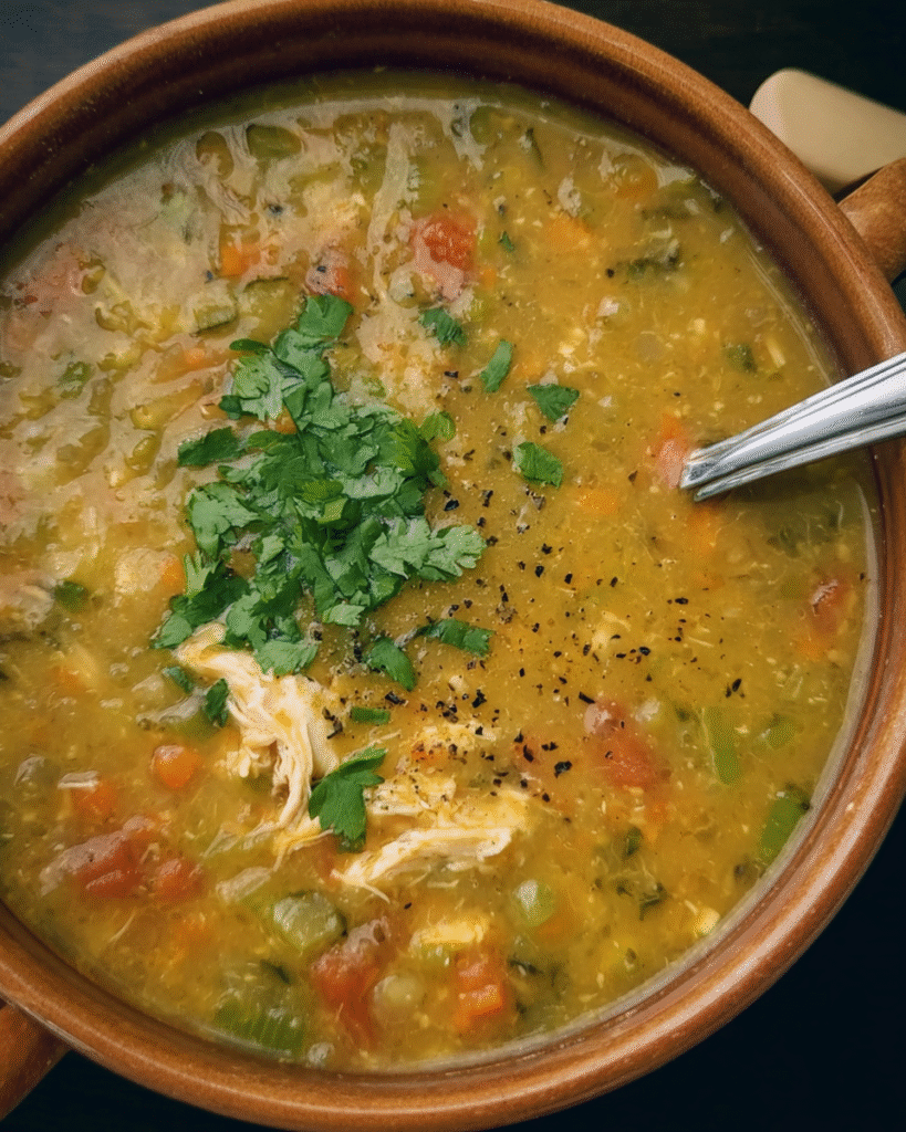 Bowl of creamy Mulligatawny Soup with chicken, lentils, and cilantro