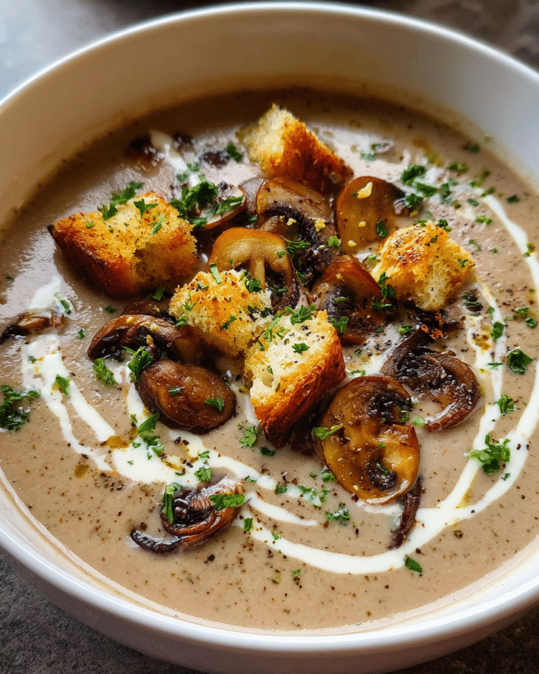 Creamy mushroom soup in rustic bowl