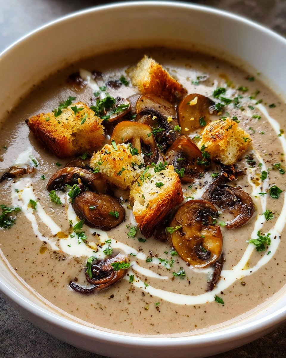 Creamy mushroom soup in rustic bowl