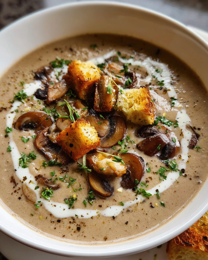 Creamy mushroom soup in rustic bowl