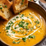 Bowl of no chop roast pumpkin soup with garnish