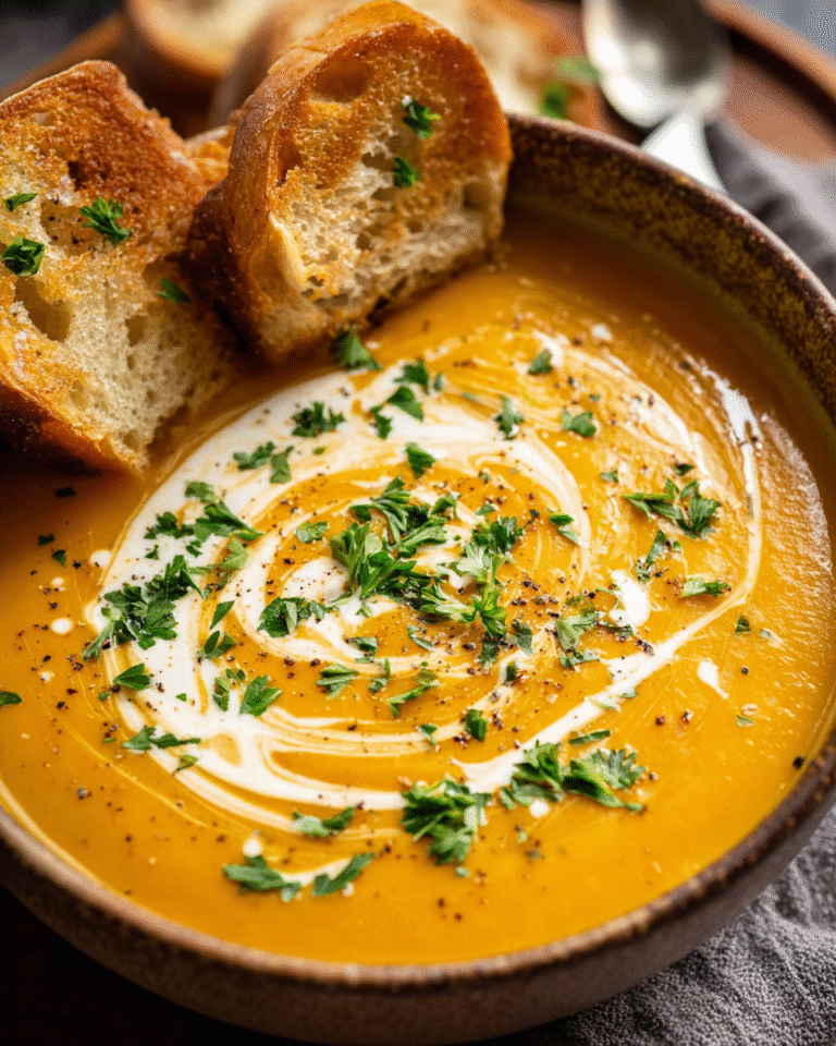 Bowl of no chop roast pumpkin soup with garnish