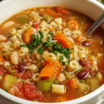 Hearty bowl of pasta e fagioli in rustic Italian kitchen