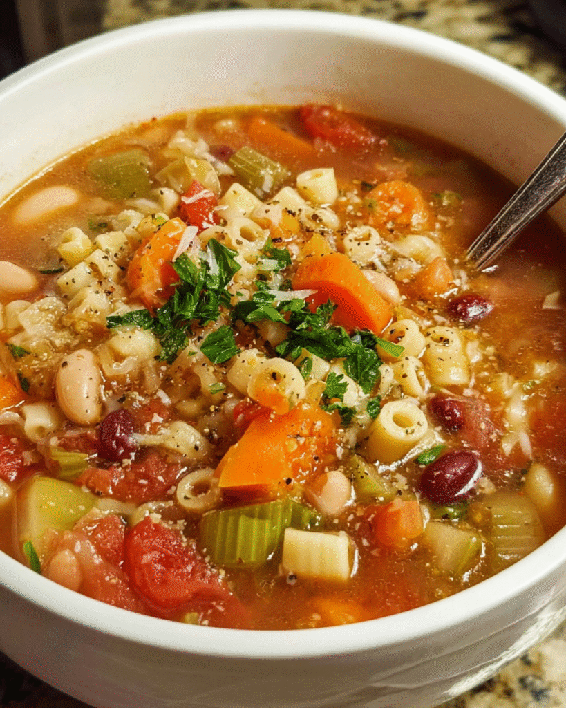 Hearty bowl of pasta e fagioli in rustic Italian kitchen