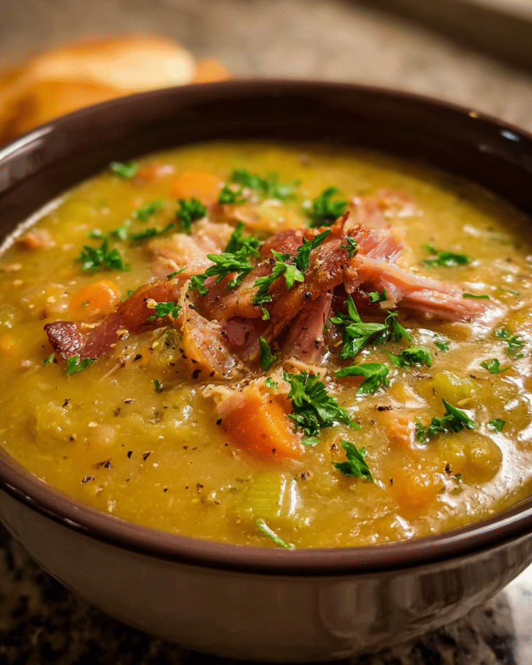 Pea and ham soup in a rustic bowl with parsley and bread