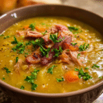 Pea and ham soup in a rustic bowl with parsley and bread