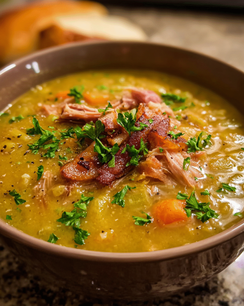 Pea and ham soup in a rustic bowl with parsley and bread