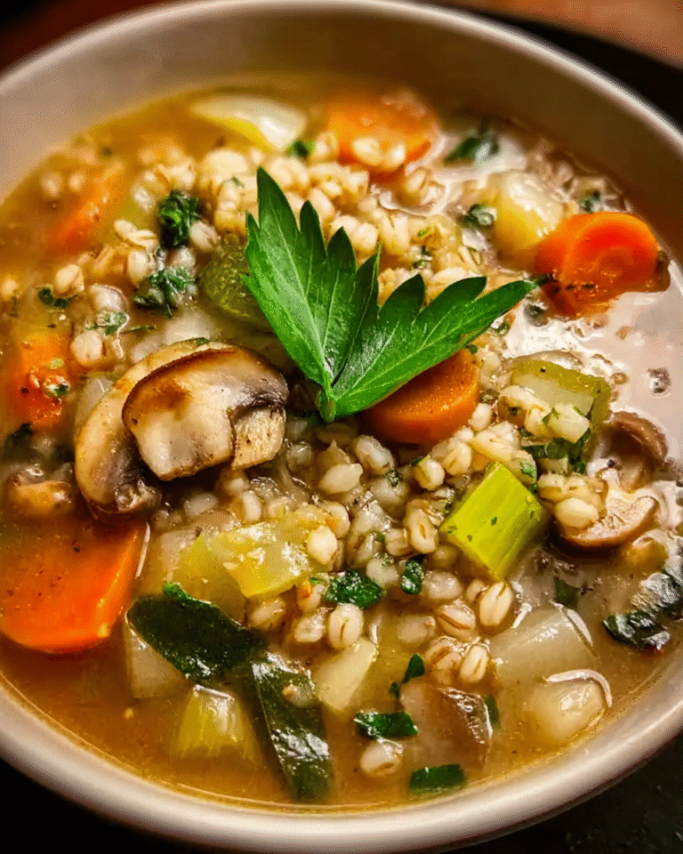 Pearl Barley Soup in rustic bowl with fresh vegetables