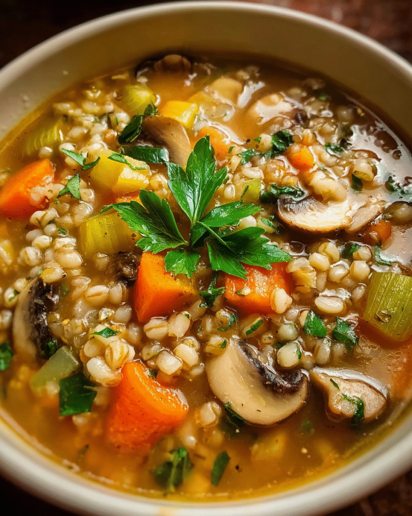 Pearl Barley Soup in rustic bowl with fresh vegetables