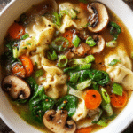 Potsticker soup with chicken dumplings in broth