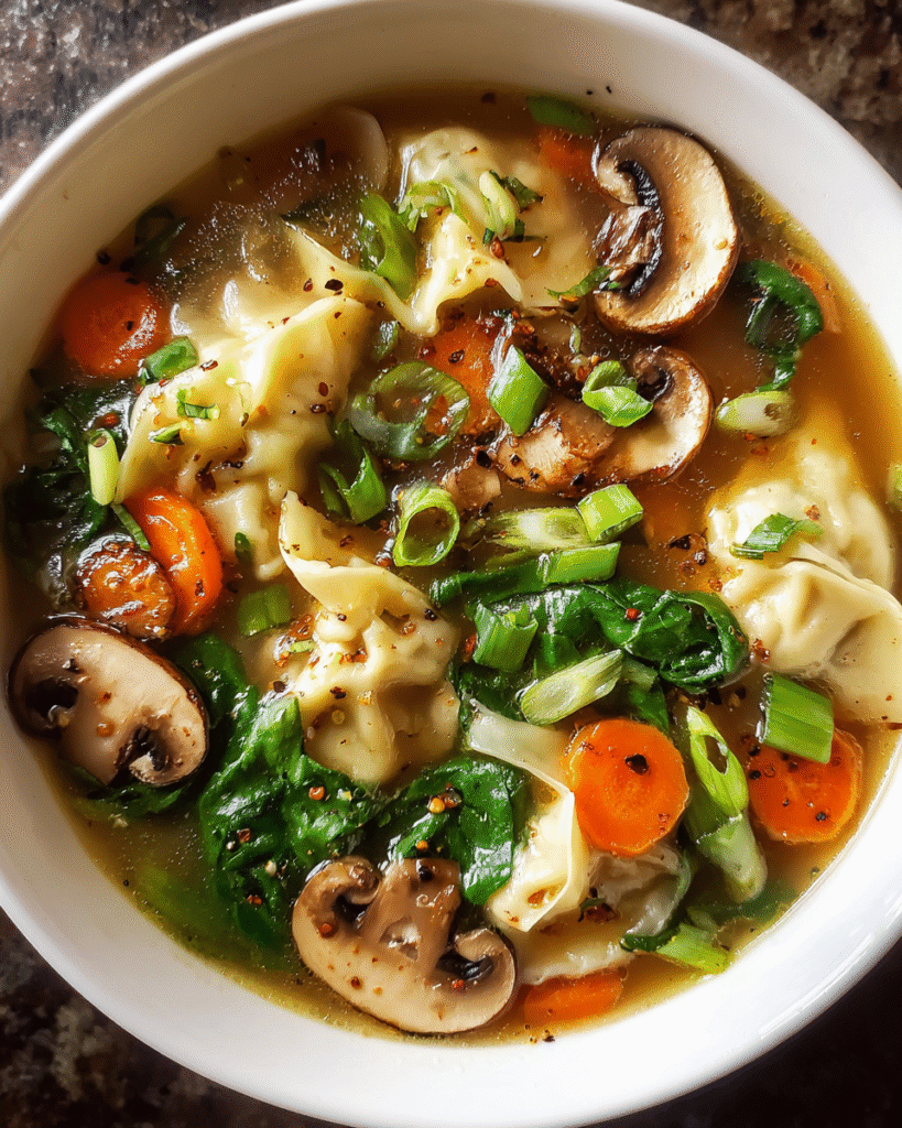 Potsticker soup with chicken dumplings in broth