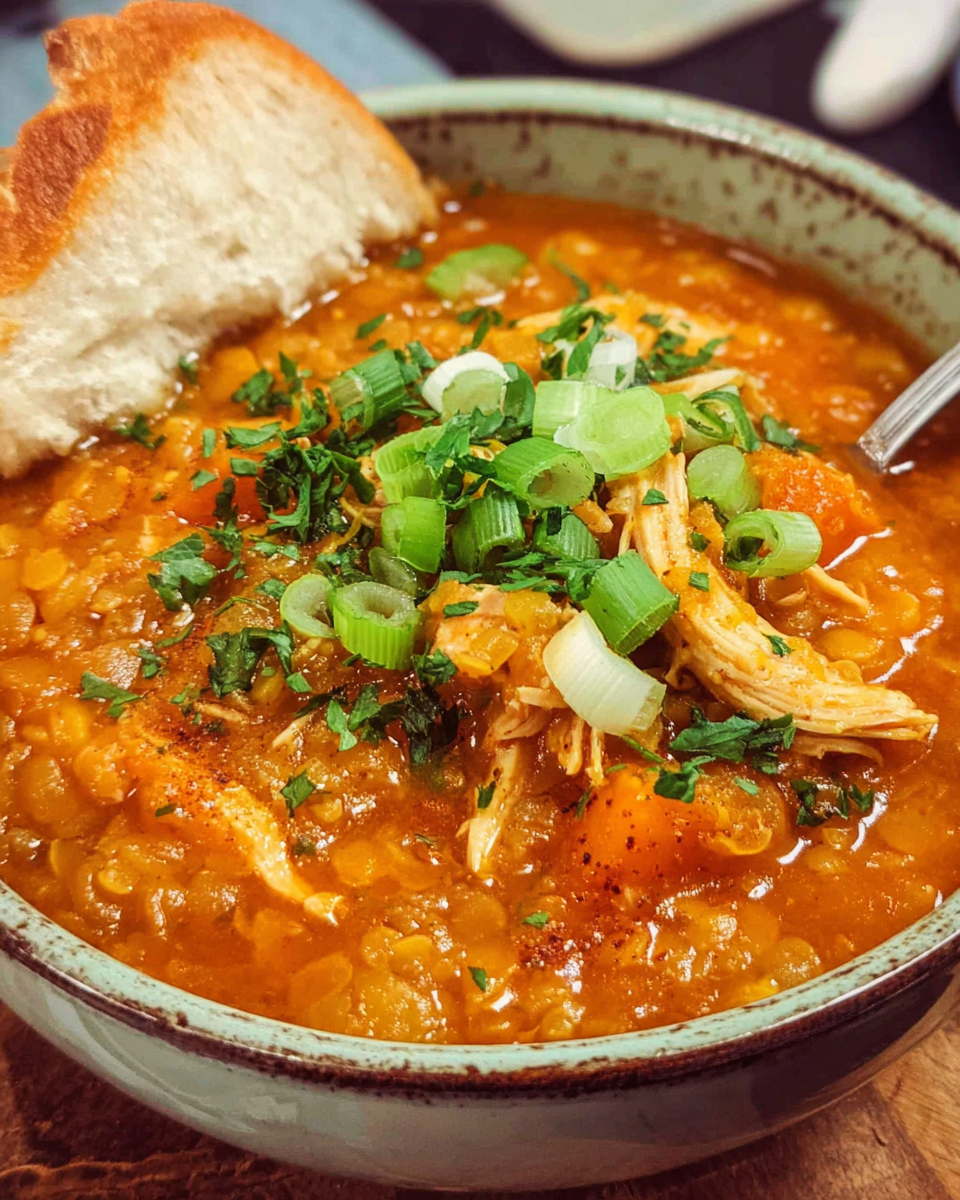 Bowl of red lentil chicken soup with garnish