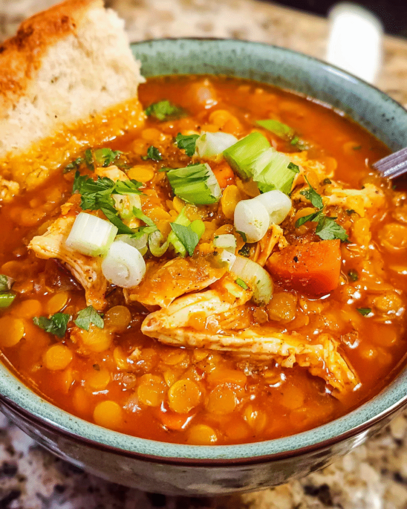 Bowl of red lentil chicken soup with garnish