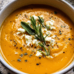 Roasted Butternut Squash Feta Soup in a bowl with herbs and crumbled feta