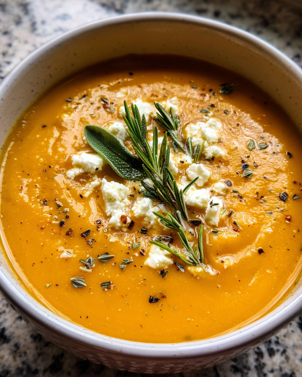 Roasted Butternut Squash Feta Soup in a bowl with herbs and crumbled feta