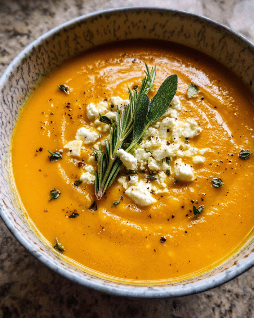 Roasted Butternut Squash Feta Soup in a bowl with herbs and crumbled feta