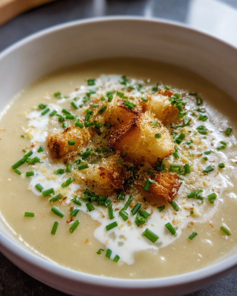 Roasted Garlic Potato Soup in a bowl with chives and parmesan