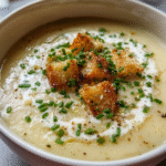 Roasted Garlic Potato Soup in a bowl with chives and parmesan