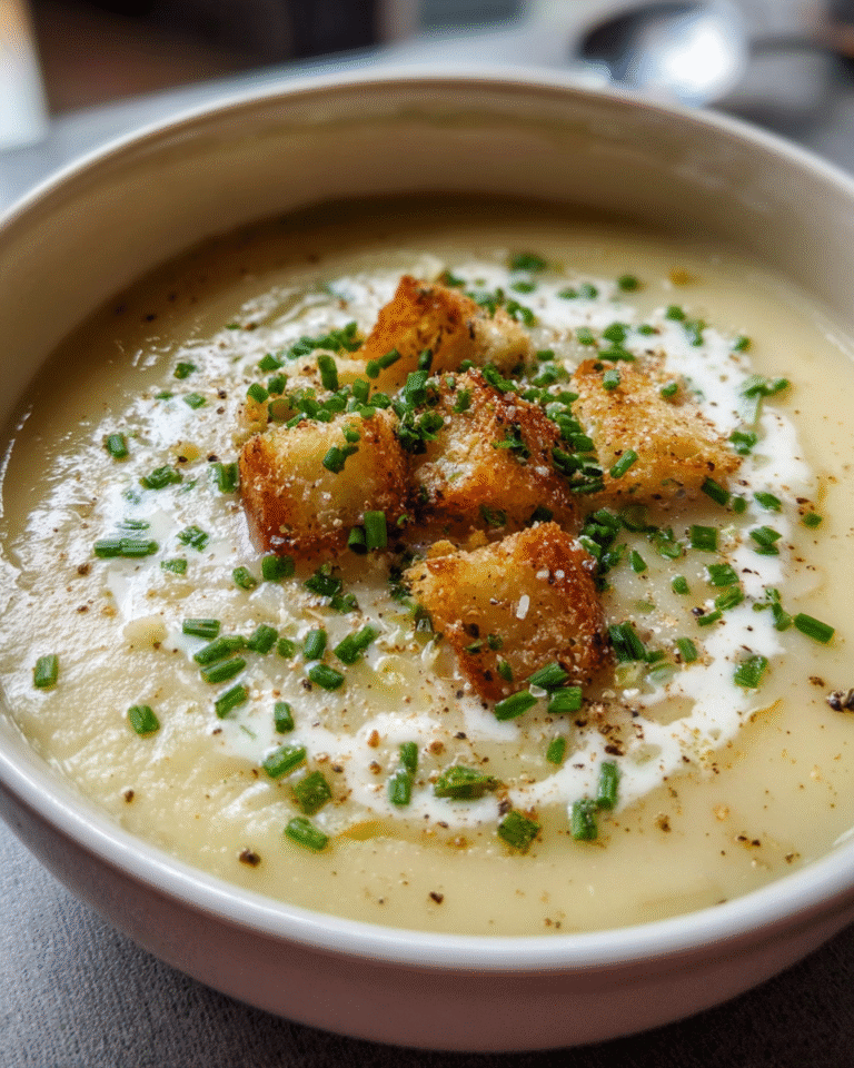 Roasted Garlic Potato Soup in a bowl with chives and parmesan