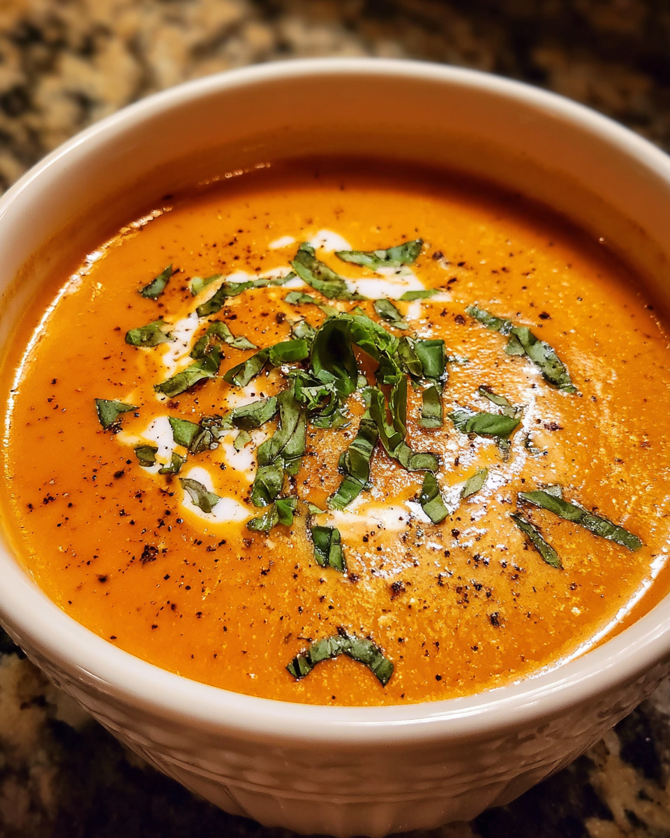 Roasted red pepper soup in rustic bowl