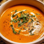 Roasted red pepper soup in rustic bowl