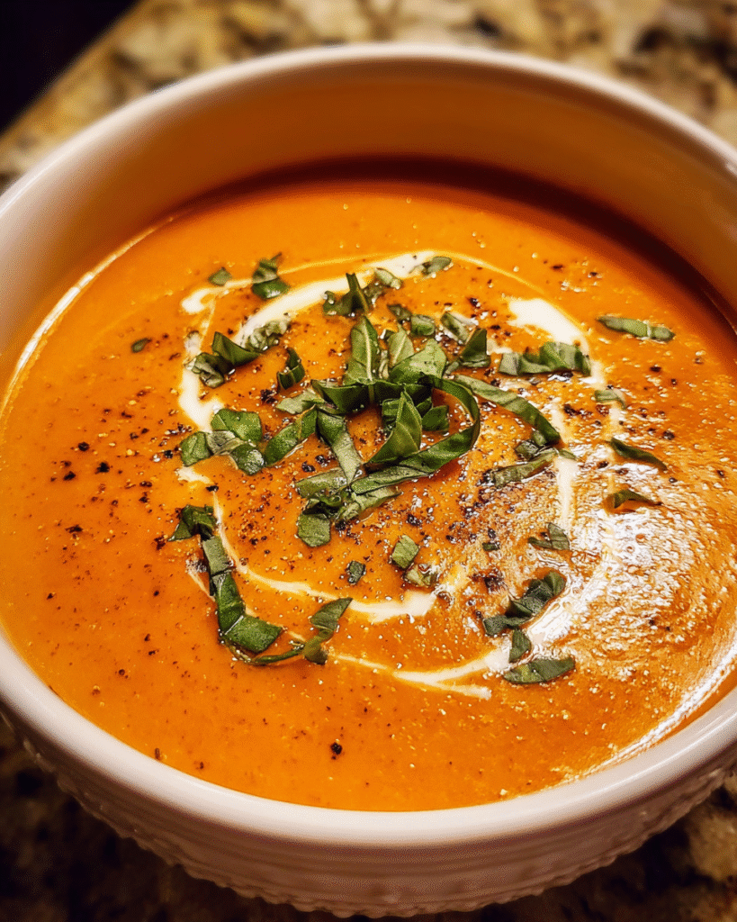 Roasted red pepper soup in rustic bowl