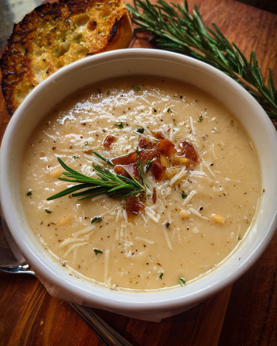 Rosemary and Roasted Garlic White Bean Soup in rustic bowl