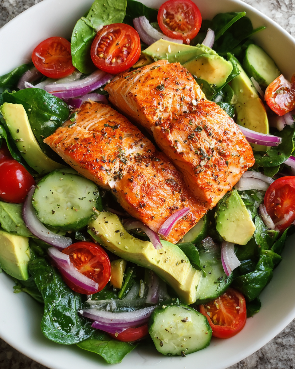 Salmon avocado salad with spinach and lemon dressing