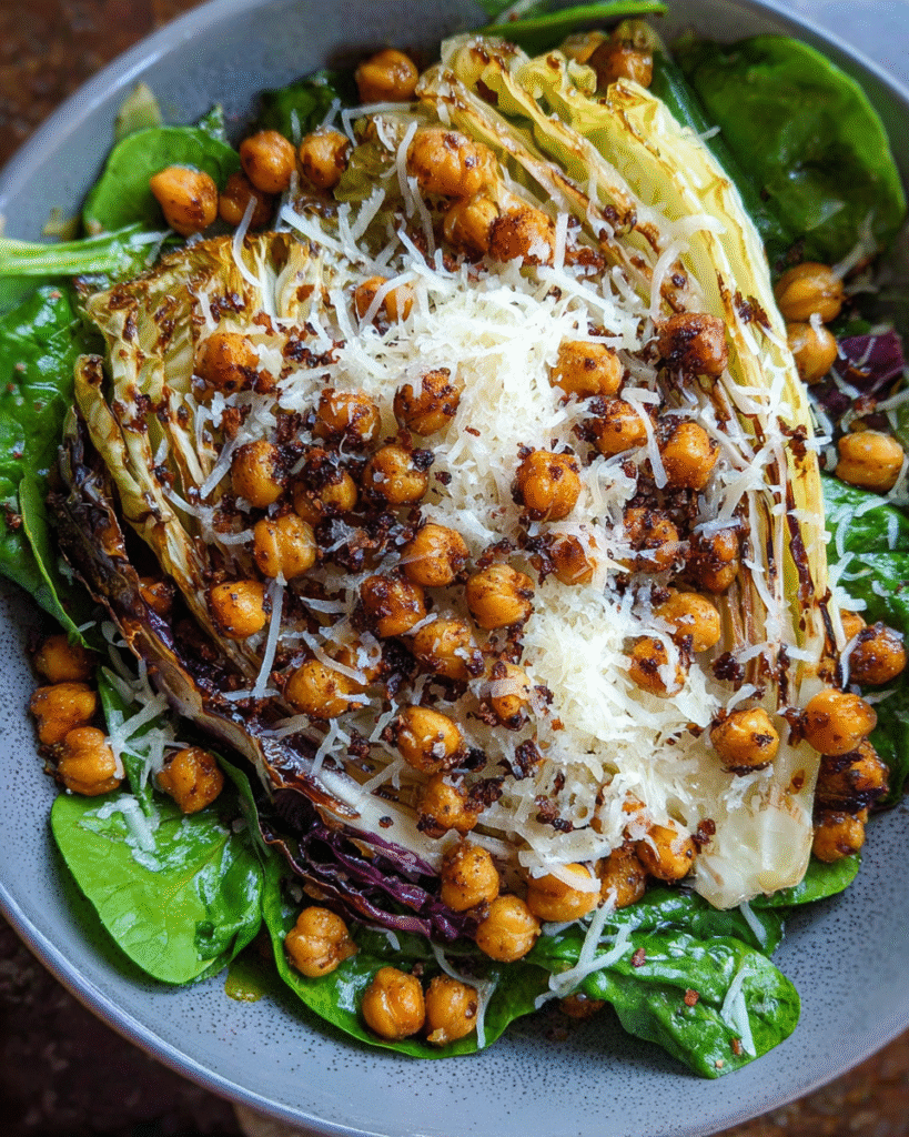 Sweetheart Cabbage Salad with Gyoza Chickpeas and Parmesan plated