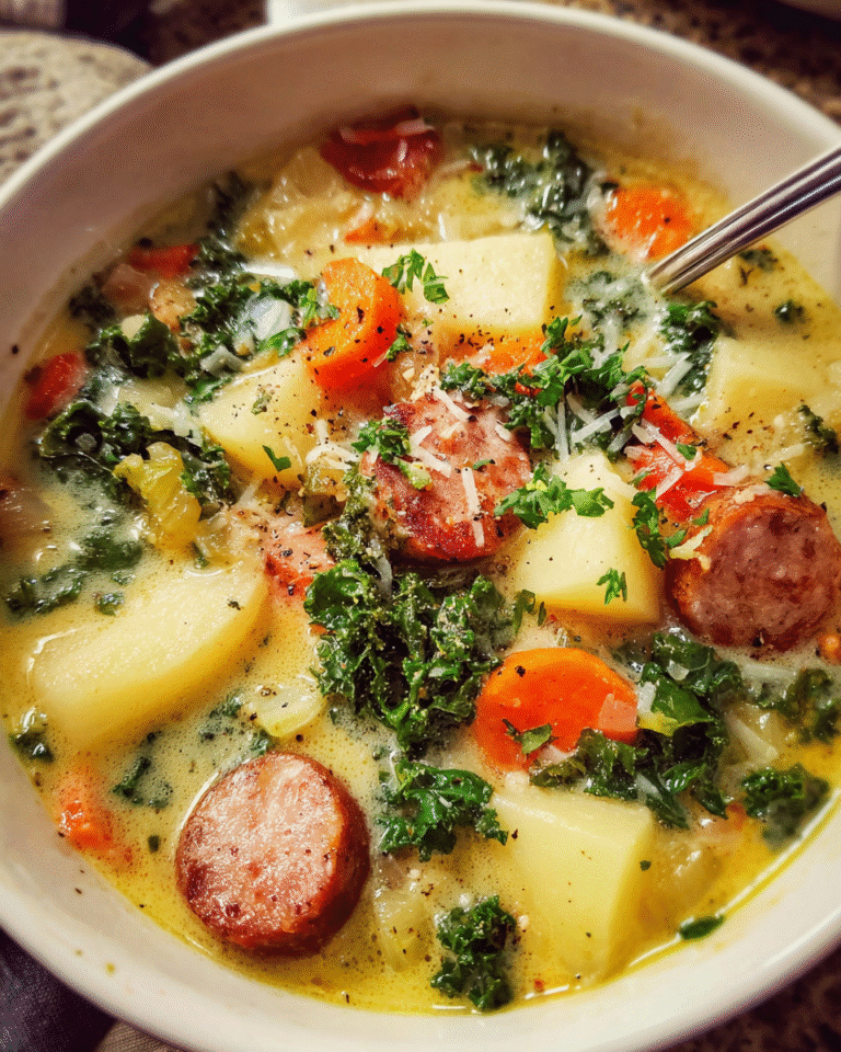 Bowl of sausage potato soup with kale with steam rising