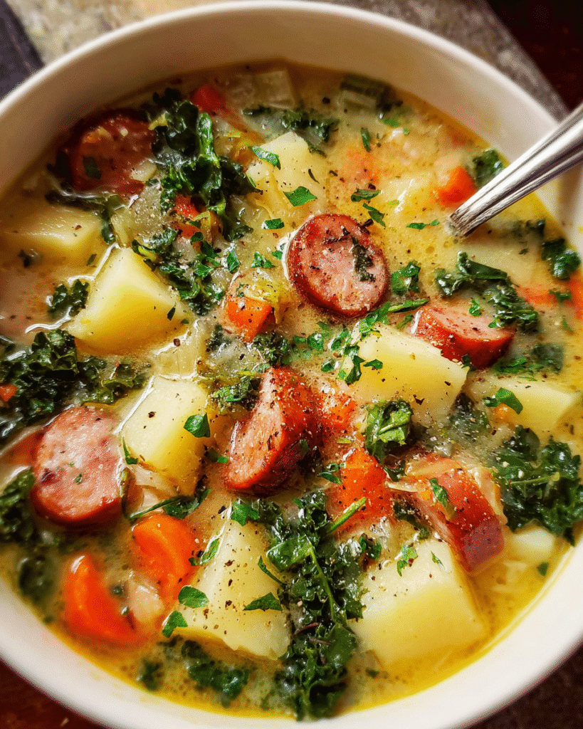 Bowl of sausage potato soup with kale with steam rising
