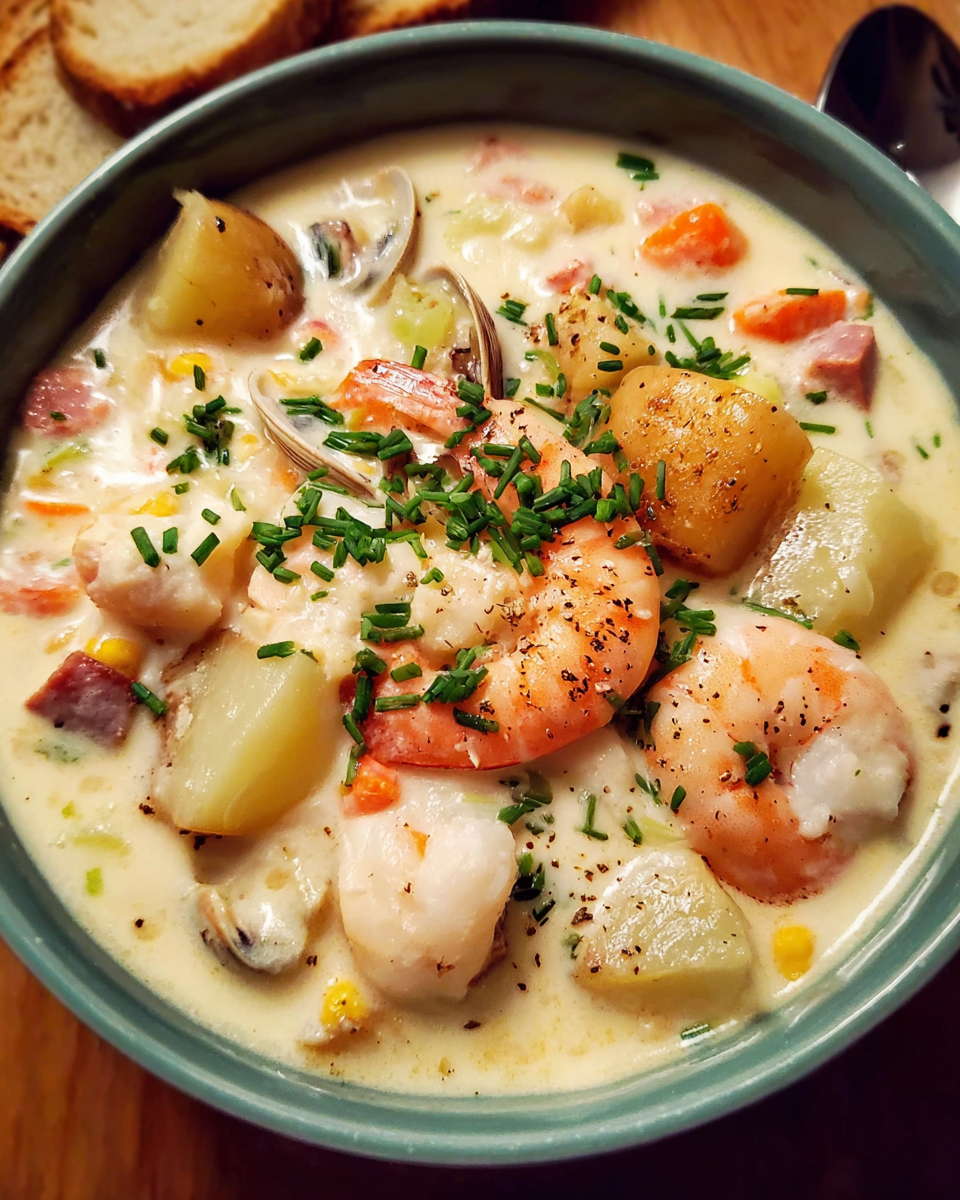 Creamy seafood chowder in white bowl with bread