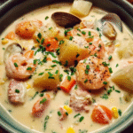 Creamy seafood chowder in white bowl with bread