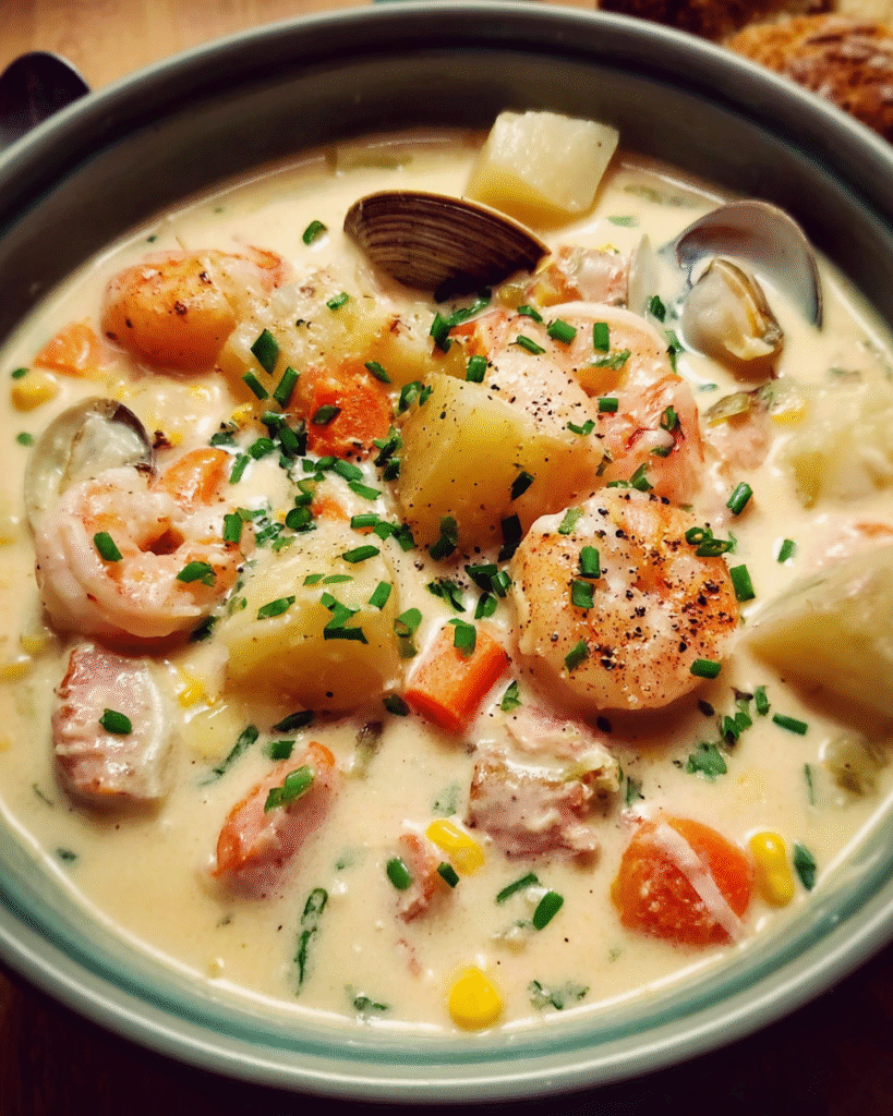 Creamy seafood chowder in white bowl with bread