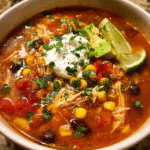 slow cooker Mexican chicken soup topped with avocado and cilantro
